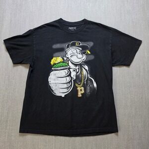 Popeye Graphic T-Shirt Men XL Black Streetwear Gold Chain Spinach Tee